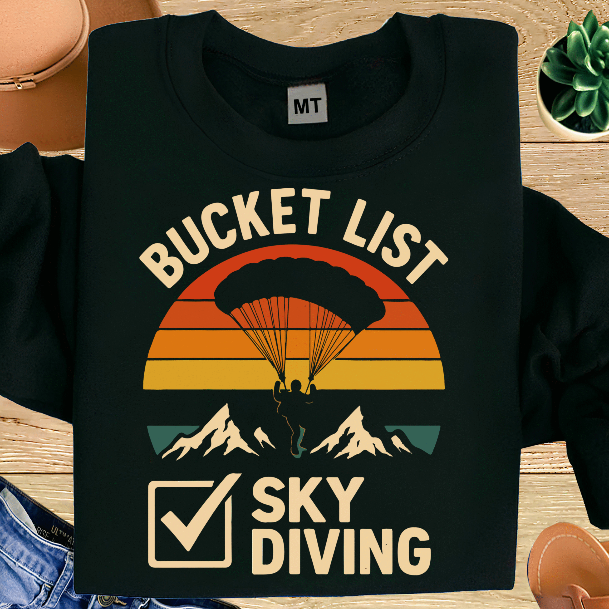Bucket List Skydiving T-Shirt – Retro Sunset Parachute Adventure Tee for Thrill Seekers